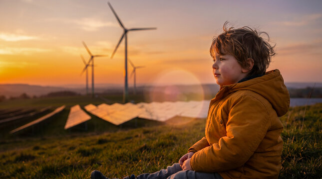Ni&ntilde;o mirando horizonte con turbinas e&oacute;licas y paneles solares al fondo, luz c&aacute;lida, estilo emocional aspiracional.