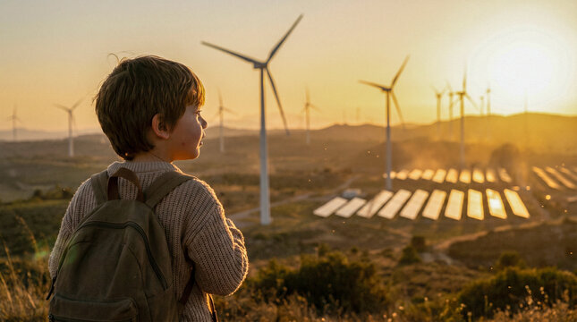 Ni&ntilde;o mirando horizonte con turbinas e&oacute;licas y paneles solares al fondo, luz c&aacute;lida, estilo emocional aspiracional.
