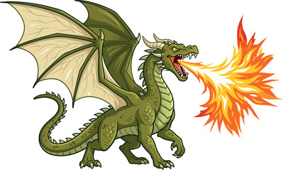 Fototapeta premium Green Fire Breathing Dragon Cartoon Illustration with Wings and Flames Isolated for Fantasy Game Design, Mythical Creature Artwork, and Adventure Storytelling Projects