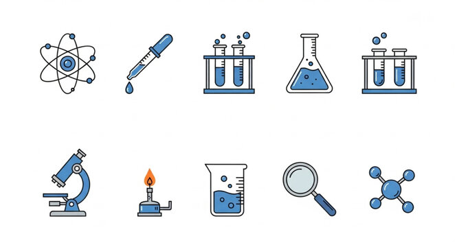 Collection of science laboratory equipment and symbols.
