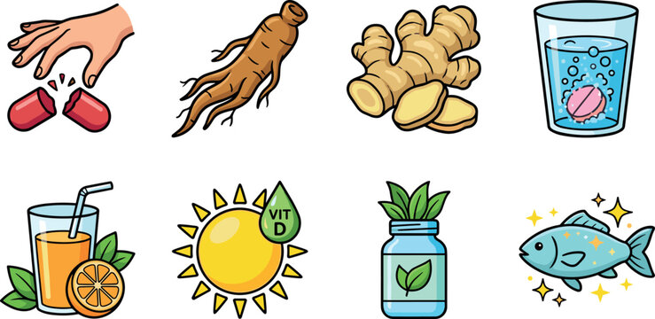 Vitamin and Health Booster Vector Set with Ginger, Fish Oil, Pills, Orange Juice, Sun Vitamin D, Herbal Supplements, and Immune Support Illustration