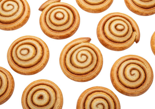 Delicious spiral-shaped cinnamon rolls arranged in a neat pattern isolated on transparent background