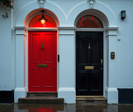 Contrasting red and black doors side by side entrance house