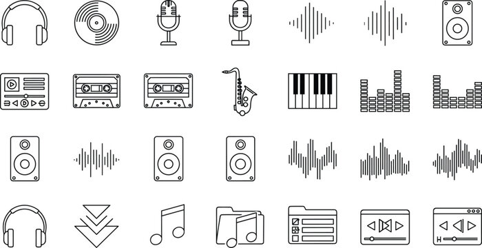 Music audio icons set with instruments sound wave media player recording studio vector collection pack