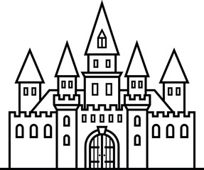Obraz premium Medieval Castle Line Art Icon with Fortress Towers and Gate in Minimal Outline Style Isolated on White Background Vector Illustration