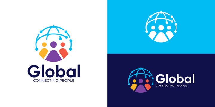 Creative simple global people logo template. Global connection with people human teamwork logo design vector illustration.