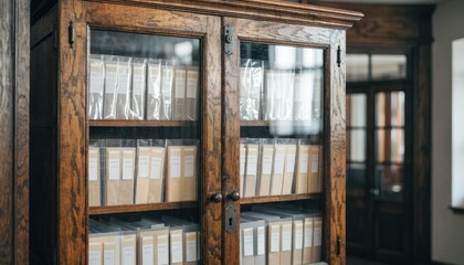 Fototapeta premium Wooden locked cabinet with glass panels showing orderly appraisal files front labels in sharp focus ambient room lighting softly blurred beyond.