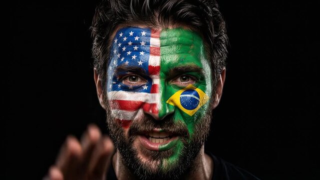 Portrait of a man with face painted in USA and Brazil flags, international relations concept, global sports event, multicultural lifestyle, striking visual identity, fan support.
