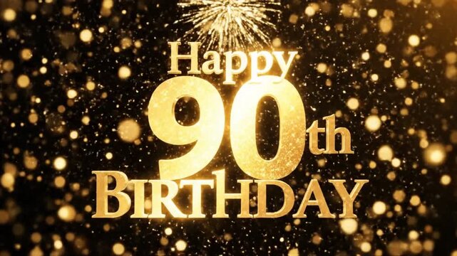 A vibrant, celebratory graphic features "Happy 90th Birthday" in sparkling golden text, set against a black background with shimmering gold lights.