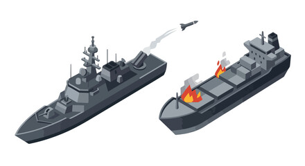 Obraz premium vector isometric of a warship shooting an enemy ship 003
