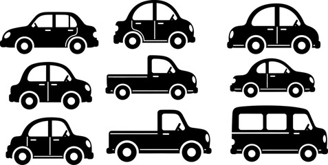 collection of black silhouettes of various cars and trucks on white background © Mollik