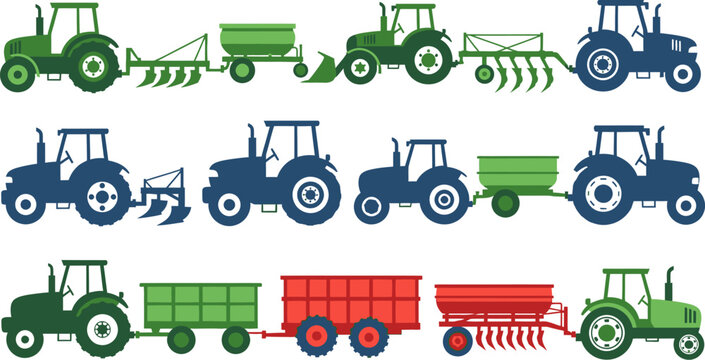 collection of tractor and trailer agricultural vehicles in green blue and red colors on white background