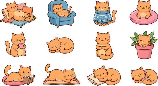 Cartoon vector illustration of twelve playful orange cats in cozy poses and activities with cushions, chairs, and props