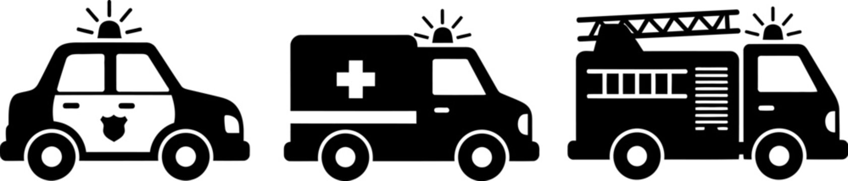 Emergency vehicles icons including police car ambulance and fire truck with lights on