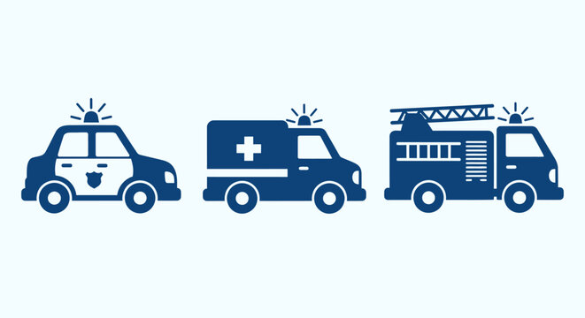 Emergency vehicles including police car ambulance and fire truck on light blue background