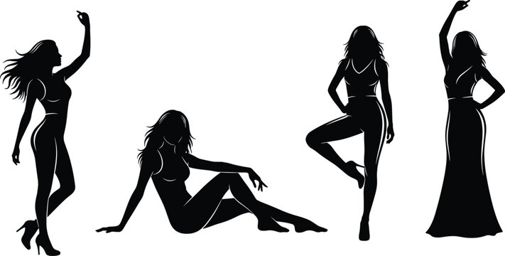 Elegant female silhouettes collection, fashion model poses set, stylish women vector illustration, beauty figures, isolated black silhouettes, modern design elements
