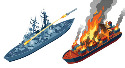 Obraz premium vector isometric of a warship shooting an enemy ship 02