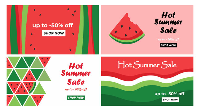 Watermelon Summer Sale Banners Geometric Abstract Discount Promotion Ecommerce Social Media Design Set