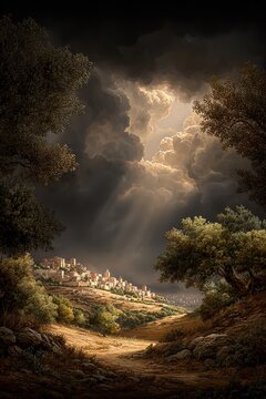 Ancient city on a hill in rays of light through clouds &mdash; majestic painted landscape in biblical style