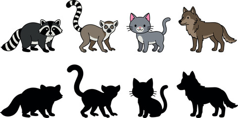 Cartoon vector illustration of raccoon, lemur, cat, and wolf with matching black silhouettes below © Sariful