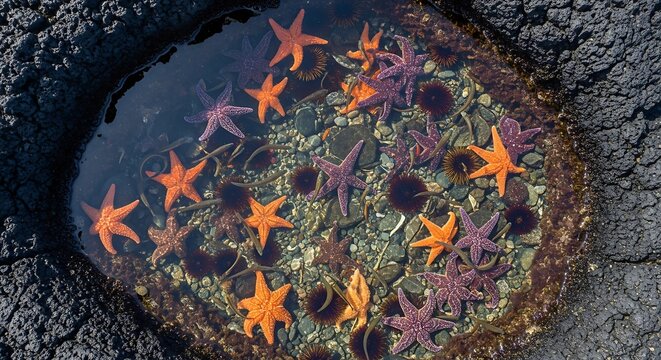 Vibrant starfish and sea urchins in a natural rocky tide pool