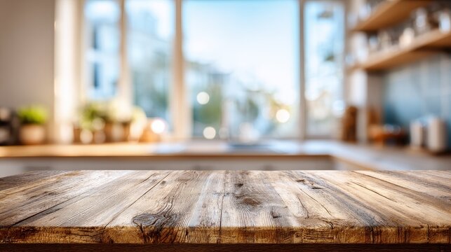 High quality photo of empty wooden table in a bright, airy kitchen with bokeh background, kitchen counter.