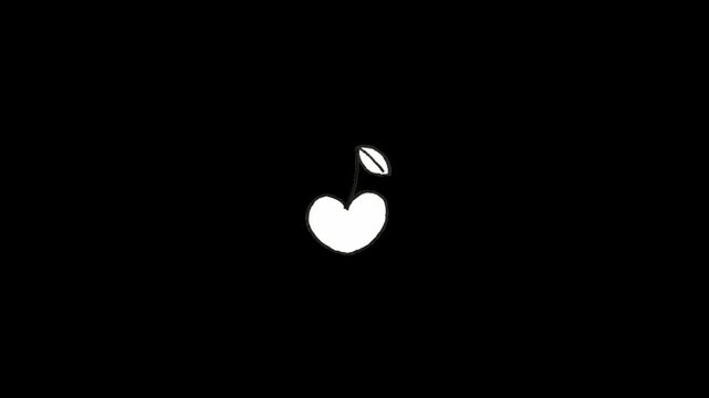 A video showcasing a minimalist white heart symbol floating in a black background with a small white seed or grain of rice above it.