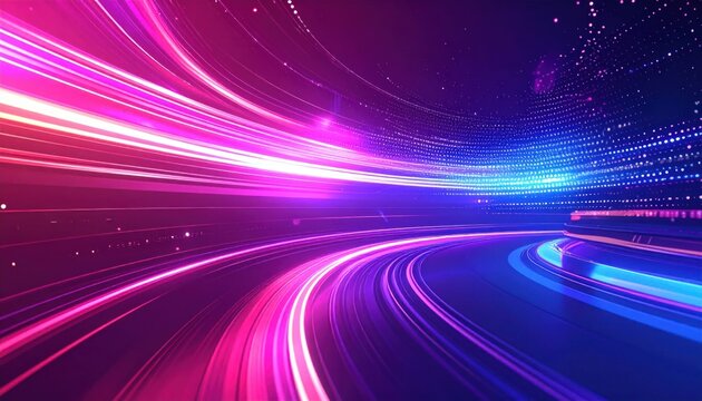 Abstract Neon Light Trails Speeding Through Futuristic Digital Tunnel.