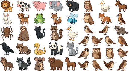 Fototapeta premium Cartoon vector illustration of assorted colorful animals including lion, cow, pig, elephant, bear, rabbit, frog, and fox