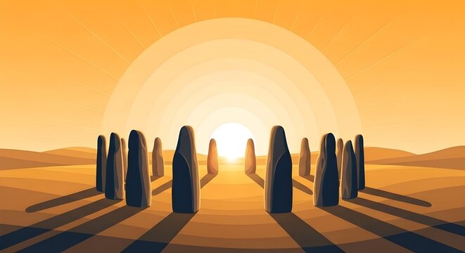 Mystical standing stones forming a sacred circle, illuminated by the radiant glow of a breathtaking dawn or dusk, evoking ancient spirituality and timeless wonder