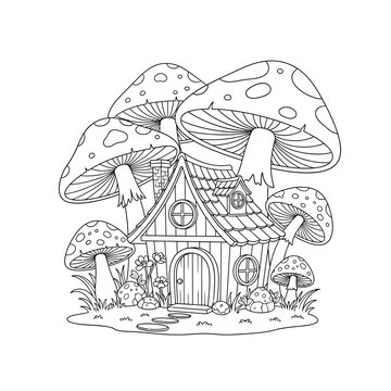 Vector illustration set featuring a cartoon mushroom house and a nature fish design with sketch art elements