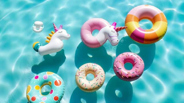 Tropical Pool Scene with Colorful Float Toys