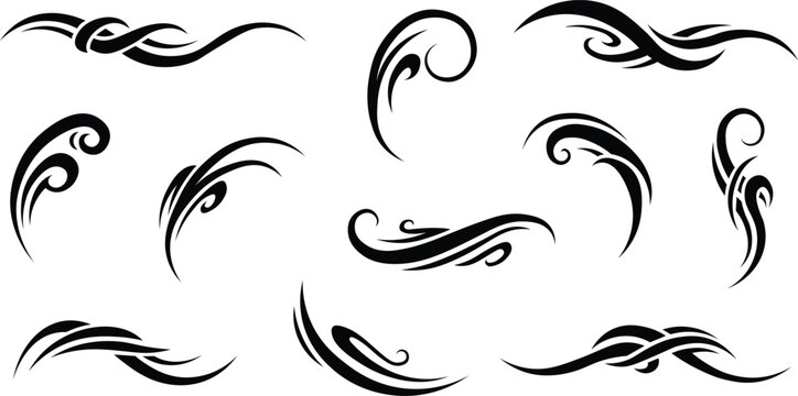Collection of black tribal swirls and wave like design elements for tattoo or decoration