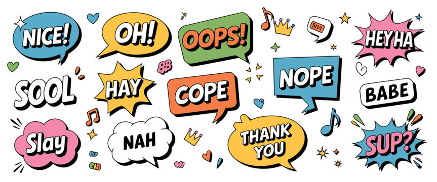 Collection of colorful comic book speech bubbles with various slang expressions and exclamations including nice oh oops heyha sool hay cope nope slay nah thank you babe and sup on a white background