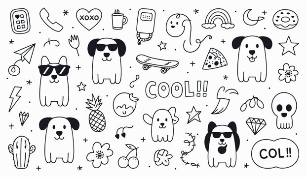 Hand drawn doodle set featuring cute dogs wearing sunglasses skateboard pizza slice pineapple cactus skull heart rainbow and stars in a black and white line style on a plain white background