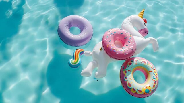 Bright Inflatable Floats Floating in Swimming Pool