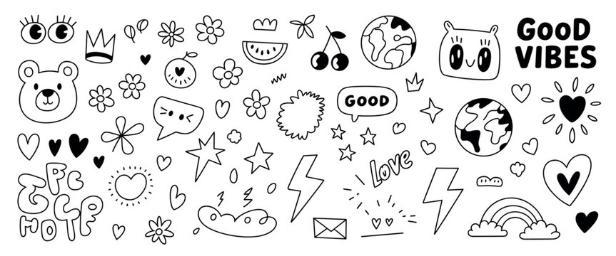 Hand drawn doodle set featuring black and white of bears flowers hearts stars lightning bolts cherries globes rainbows and text bubbles with the words good vibes and love on a white background