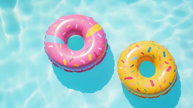 Inflatable Donut Rings Floating in Swimming Pool