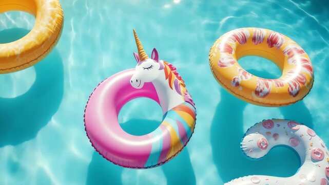 Colorful Inflatable Pool Floats in Clear Blue Water