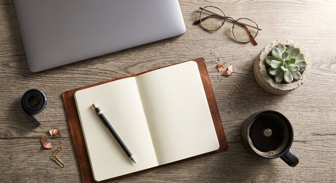 Top View Flat Lay of Creative Desk with Laptop and Coffee