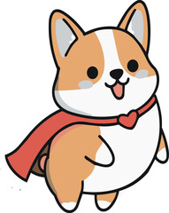 Fototapeta premium Cute cartoon corgi dog dressed as a superhero wearing a red cape and a heart collar, funny pet character vector.