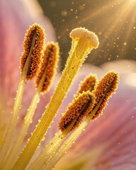 Naklejka premium Extreme macro of flower stamen shows golden pollen granules glistening under warm rim light with translucent filaments and atmospheric haze