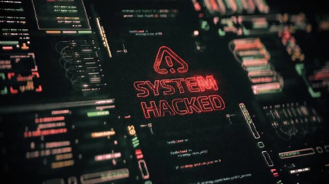System hacked warning message on computer screen with code and symbols