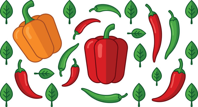Cartoon vector illustration of colorful peppers and green leaves arranged in playful composition with bold outlines