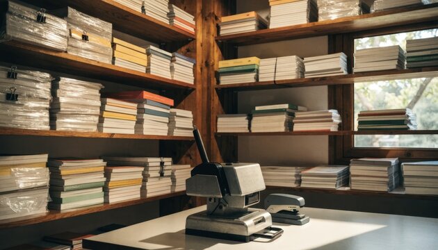 Organized shelves in a printing workspace hold neatly arranged stacks of documents while a binding machine and stapler sit ready on a clean table surface in soft focus.