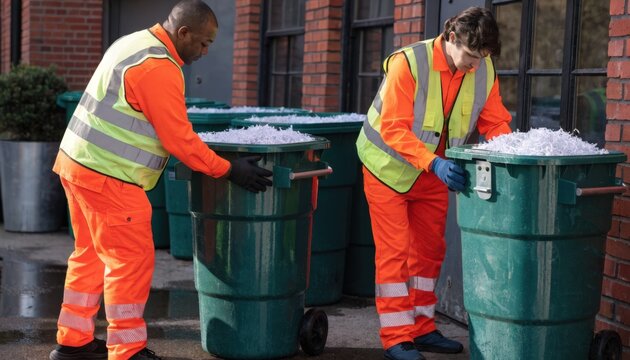 Medium shot of scheduled pickup crew handling locked shred bins stressing professional document destruction services and regulatory adherence.