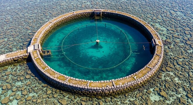Aerial view of a circular stone fish trap in the shallow turquoise waters of a tropical lagoon, maldives