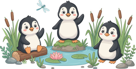 Obraz premium Cartoon vector illustration of three playful penguins near pond with lotus flower, cattails, dragonfly, and rocks
