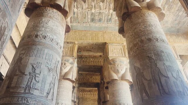 Beautiful vaults and bas-reliefs in the ancient temple complex of Dendera, Qena, Egypt