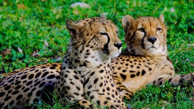 Two cheetahs lying on green grass in savannah or wildlife reserve natural habitat